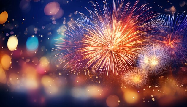 colorful fireworks exploding in night sky with glowing lights and bokeh effects high resolution digital art with cinematic lighting and stunning visual details - Powered by Adobe