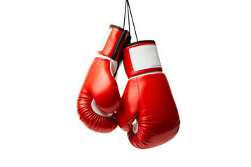 Dynamic red boxing gloves hang ready for action, symbolizing strength, competition, and the pursuit of victory.