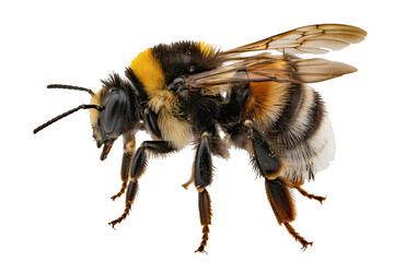 Detailed close-up macro view of a fuzzy bumblebee with intricate wings and segmented legs, showcasing its natural beauty and delicate structure.