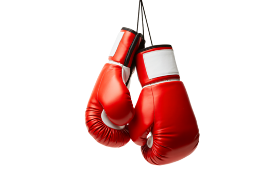 Dynamic red boxing gloves hang ready for action, symbolizing strength, competition, and the pursuit of victory.