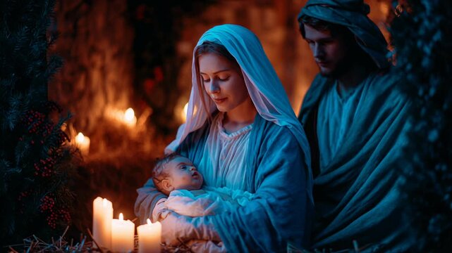 Nativity scene, Christian Christmas concept, Birth of Jesus Christ. Family with holy child in barn in dark blue night.