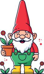 Cute Garden Gnome Holding Flower Pot Cartoon Vector