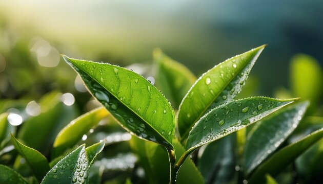 close up of fresh tea leaves with morning dewdrops showcasing natural botanical details