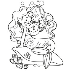 Cute little mermaid girl with cartoon fish in hand outlined for coloring page isolated on white background