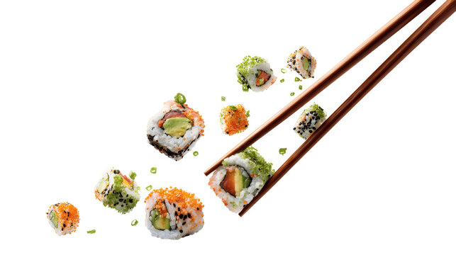 Chopsticks holding sushi flying in the air isolated on a white background - Powered by Adobe