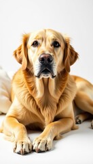 Golden retriever sprawled, white backdrop, soft fur, soft, domestic dog