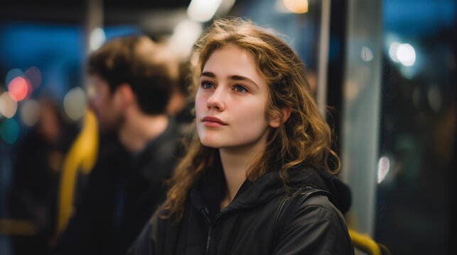 Urban commuters standing at a frosted smart bus stop, wearing heated tech jackets glowing faintly under streetlights, emotion of patience and focus visible, representing sustainable city transport,
