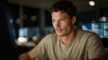 Focused veteran typing code in a dark room illuminated by holographic displays — representing discipline, attention to detail, modern technology, and veterans adapting to the digital age with