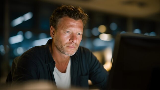 Focused veteran typing code in a dark room illuminated by holographic displays — representing discipline, attention to detail, modern technology, and veterans adapting to the digital age with - Powered by Adobe