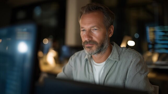 Focused veteran typing code in a dark room illuminated by holographic displays — representing discipline, attention to detail, modern technology, and veterans adapting to the digital age with - Powered by Adobe