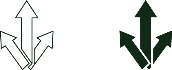 Three arrows pointing downwards and outwards in a divergent direction one outlined and one solid green