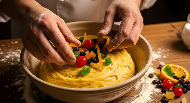 Adding candied fruits to dough &mdash; festive and artisanal bakery moment.
