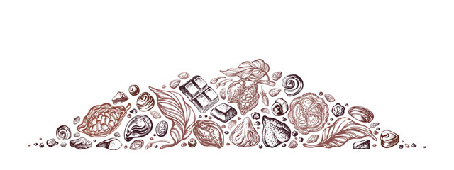 Cocoa beans, chocolate sweets. Hand drawn border