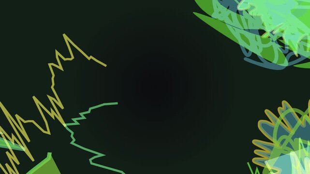 Abstract green and blue scribbles and shapes on a dark background