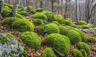 Moss covered rock formation in forest ecosystems and natural landscape