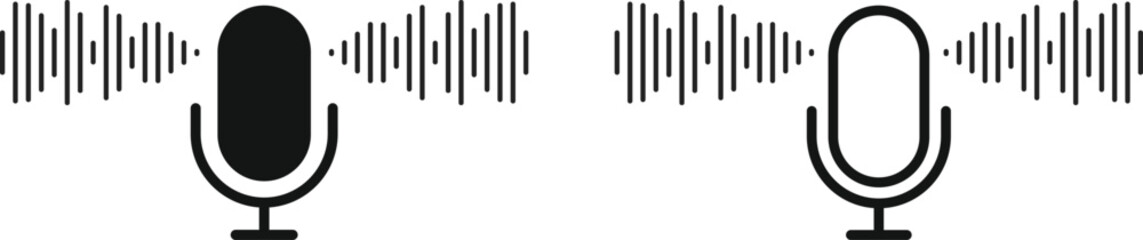 Microphone icon with sound wave symbol. Voice Recording and Audio Input Interface. Sound Control and Recording sign. Podcast Studio or Speaking Broadcast symbols