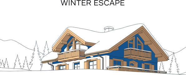 Cozy winter cabin nestled in a snowy landscape under a clear blue sky day