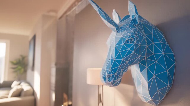 Geometric blue unicorn head wall decor in a modern home, soft focus background