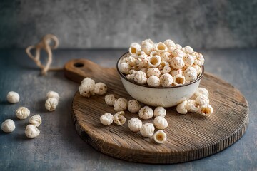 Rustic Bowl of Puffed Lotus Seeds on Wooden Board Showcasing Healthy Makhana Snack in Natural Light Food Photography Setting