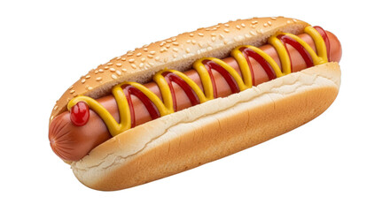 Delicious grilled hotdog with mustard and ketchup topping on transparent background