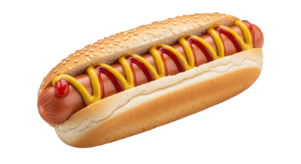 Delicious grilled hotdog with mustard and ketchup topping on transparent background