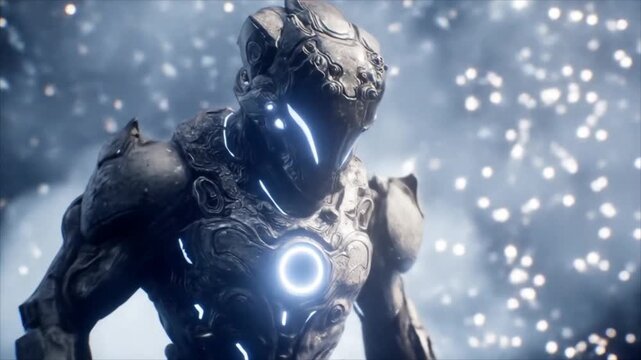 Futuristic Alien Warrior Emerges in Digital Realm with Glowing Energy Armor