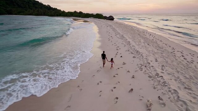 Dusk stroll by shoreline, Couples walk along beach at sunset, Evening walk with partner along sandy shoreline at dusk, Romantic couple enjoy peaceful walk along beach during twilight hours