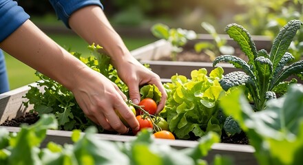 Fototapeta premium sustainable home gardening scene, person harvesting fresh organic vegetables in a backyard garden