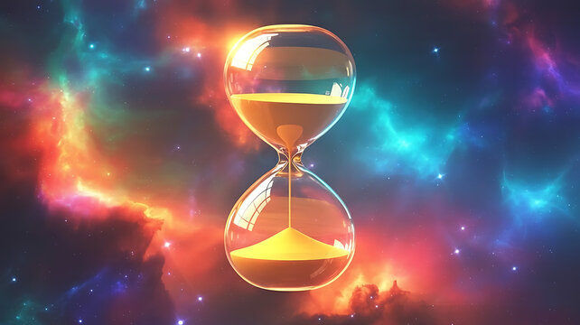 A surreal depiction of a glowing hourglass amidst a vibrant galactic background, blending the concepts of time, space, and the universe in a colorful, cosmic setting. Galactic. Illustration