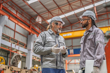 Two industrial workers inspecting machinery in a factory. Teamwork, precision, and safety gear...