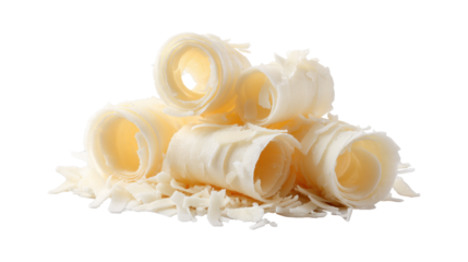 Coconut shavings, curls or rolled up slices of kernel meat isolated on a white background