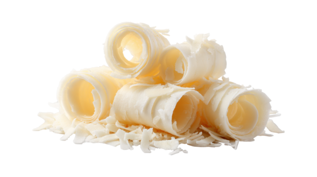 Coconut shavings, curls or rolled up slices of kernel meat isolated on a white background