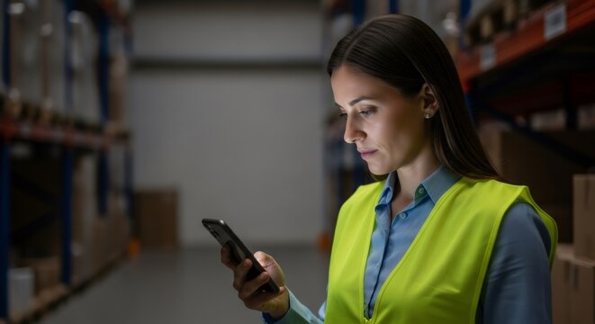 Woman logistics worker using smartphone for inventory management in dark warehouse. Digital stock control and supply chain.