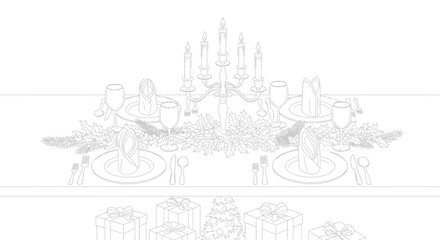 Elegant christmas table setting with gifts and decorations in a line art style