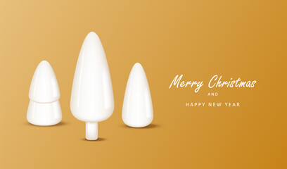 Merry Christmas gold card with 3d different crystal white trees. Simple element of holiday decoration. Vector background.