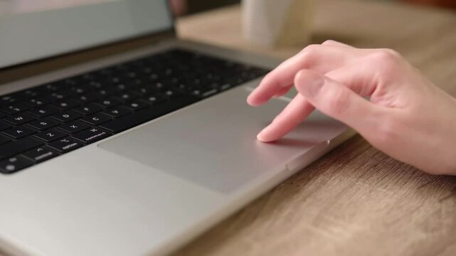 Person's Hand Using Laptop Trackpad on Wooden Desk