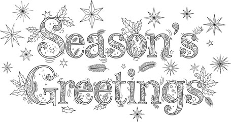Elegant season's greetings design with decorative lettering and winter holiday icons