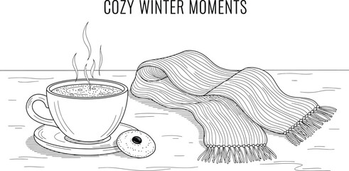 Hot drink and cozy scarf for a relaxing winter moment in black and white art