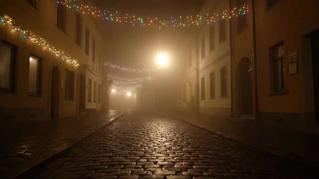 Cobblestone street at night with decorative lights in foggy weather