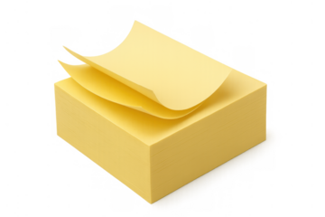 Stack of yellow sticky notes with curling pages, concept of memo, reminder, message, and office communication