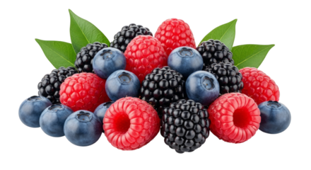 Fresh mixed berries raspberries blueberries and blackberries on transparent background