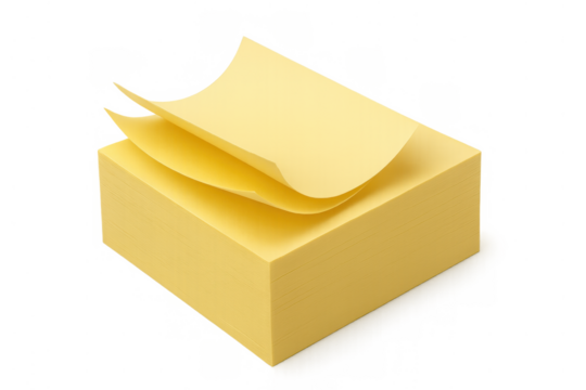 Stack of yellow sticky notes with curling pages, concept of memo, reminder, message, and office communication