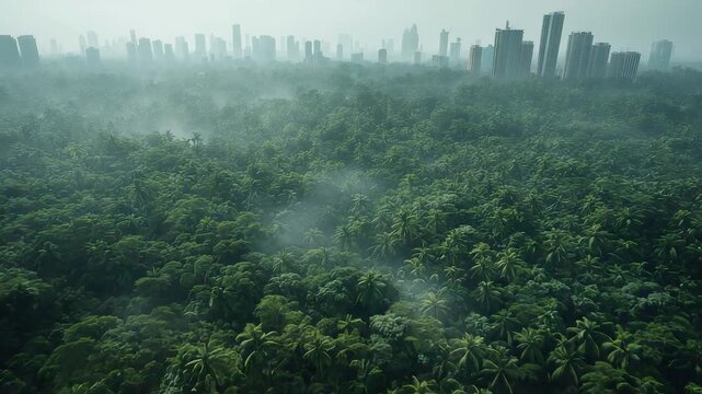 Dense tropical forest stretching toward a distant modern city skyline with morning mist drifting above the lush green canopy in a dramatic aerial scene
