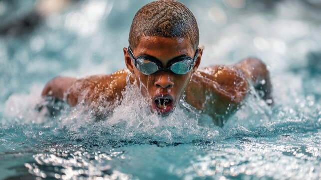 A focused swimmer with goggles in action performing the butterfly stroke in a clear blue pool