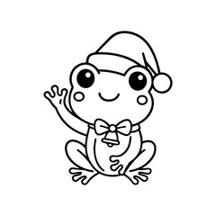 Cute Christmas Frog with Santa Hat Line Art Illustration