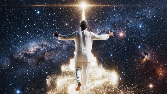 Person Walks Towards Light in Galaxy, Raises Arms in Surrender