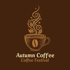 Autumn Coffee Festival Emblem with Steaming Cup and Coffee Bean.
