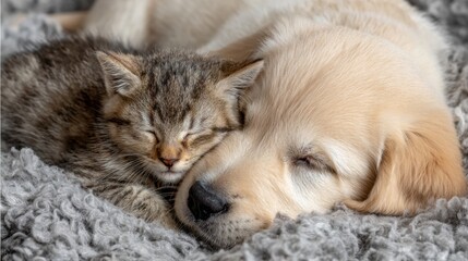 Puppy Lovingly Watches Over a Sleeping Kitten in a Cozy Blanket Scene at Home