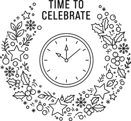 Festive time to celebrate with clock surrounded by holiday themed decorations
