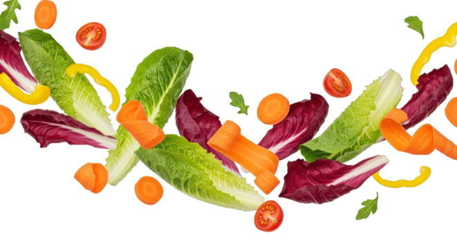 Fresh salad ingredients flying for healthy eating concept on transparent background